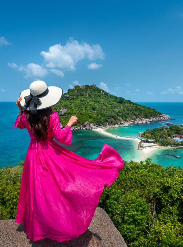 Beautiful girl standing on viewpoint at Koh Nangyuan island near